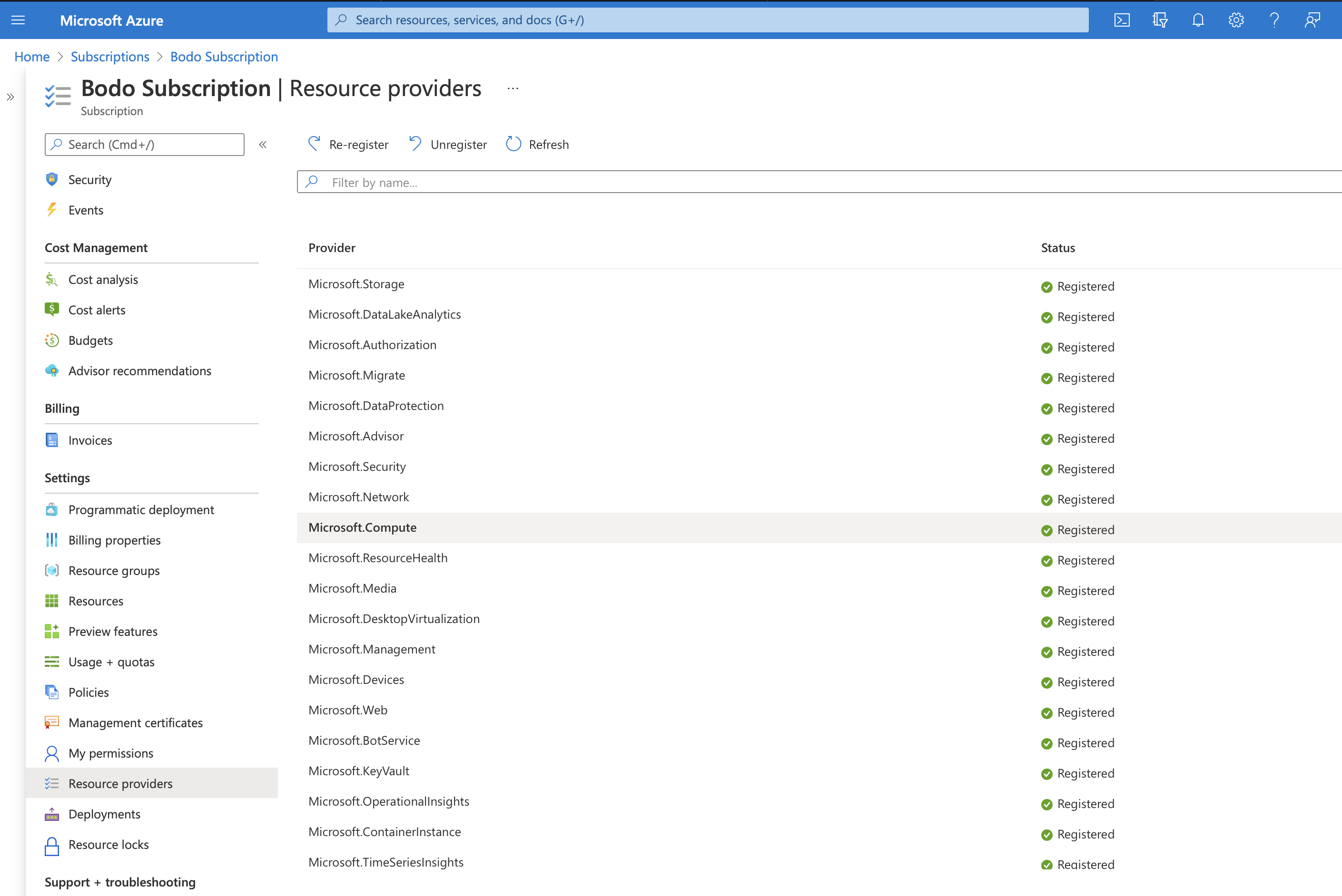 Azure Required Resource Providers